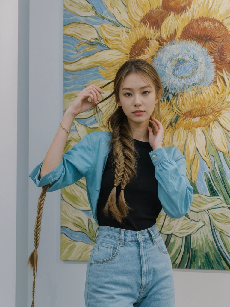 her name is Asako, high quality, 1girl, ((20-year-old fit Caucasian woman)), ((20 years old)), ((slim)), ((Fishtail Braid hair)), pose: standing, wearing edgy Generation-Z modern wear bright colored, BACKGROUND:Inside the Van Gogh Museum, surrounded by the artist’s masterpieces