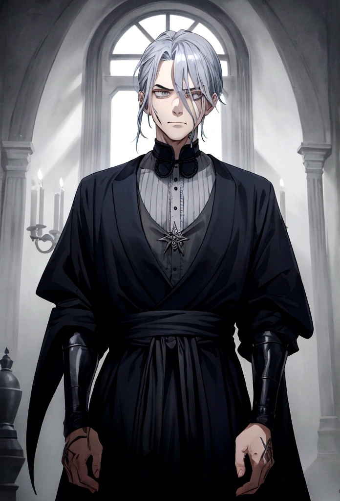 disheveled silver-blue hair and cold, gray eyes. He has a slender, athletic build and a relaxed demeanor. A notable feature is his stitched mouth, along with various other stitches on his face and body, highlighting his ability to manipulate his physical form. He wears casual medieval-era clothing, including a simple, dark tunic, usually black or gray, tied with a sash around the waist, giving him a traditional look. His presence is ominous and menacing, reflecting his sinister nature. viril ciratrizes muitas no rosto