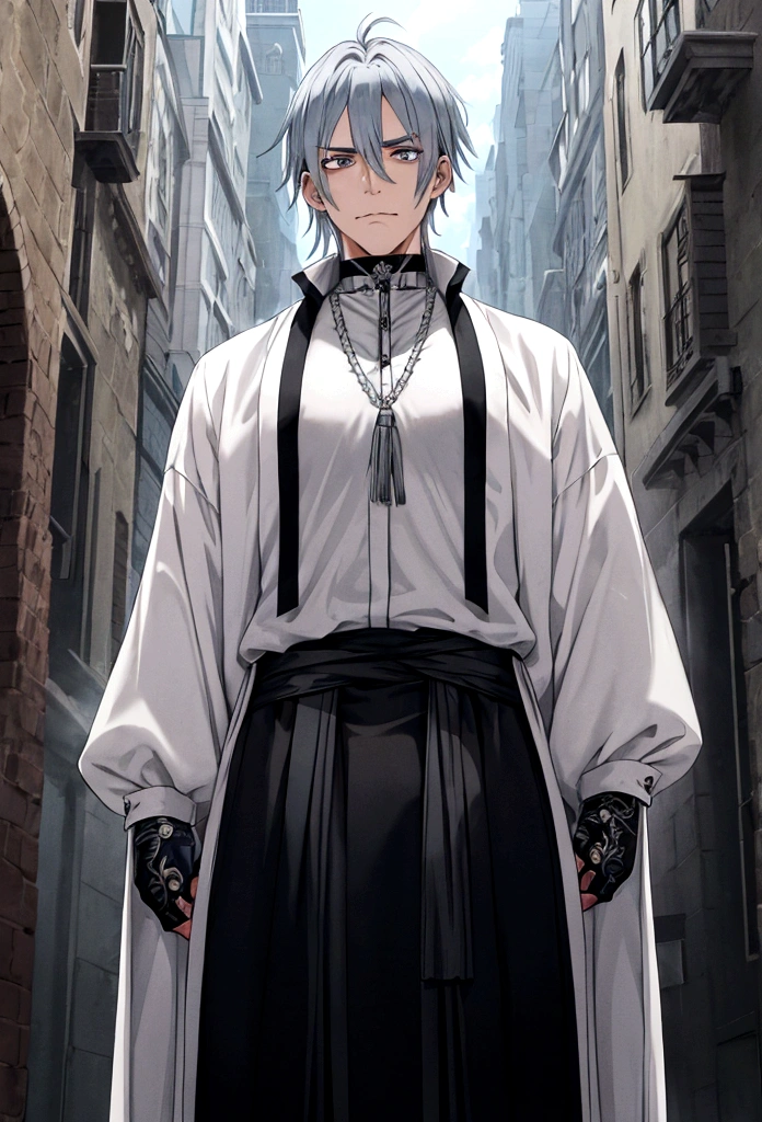 disheveled silver-blue hair and cold, gray eyes. He has a slender, athletic build and a relaxed demeanor. A notable feature is his stitched mouth, along with various other stitches on his face and body, highlighting his ability to manipulate his physical form. He wears casual medieval-era clothing, including a simple, dark tunic, usually black or gray, tied with a sash around the waist, giving him a traditional look. His presence is ominous and menacing, reflecting his sinister nature. viril ciratrizes muitas no rosto
