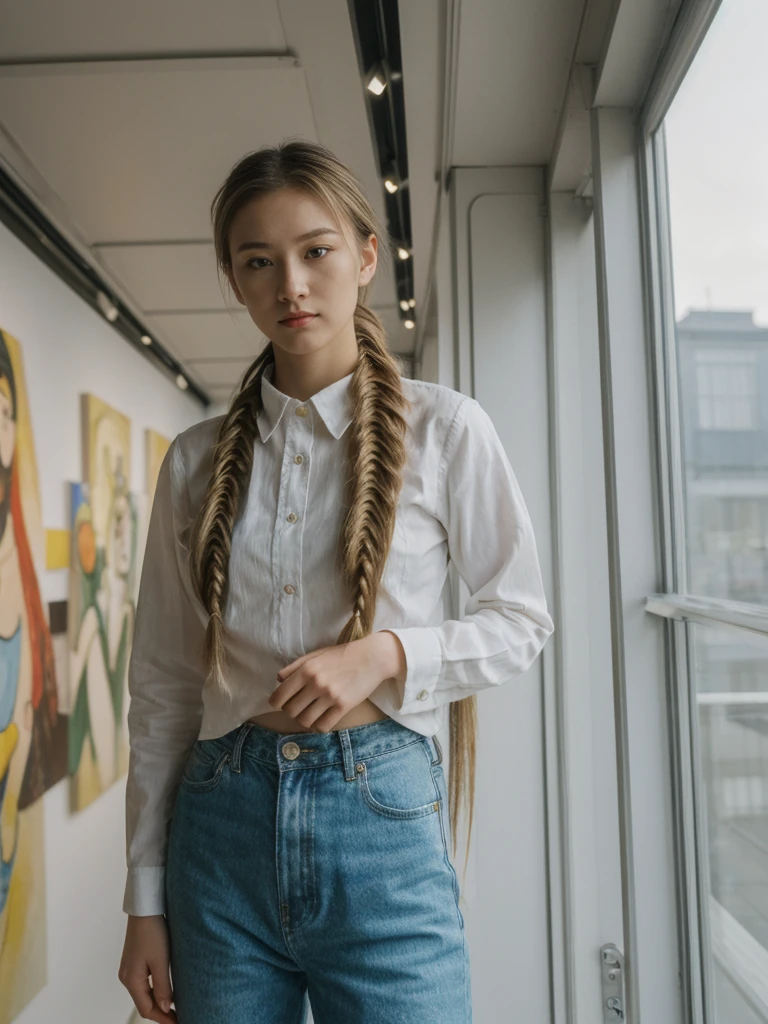 her name is Asako, high quality, 1girl, ((20-year-old fit Caucasian woman)), ((20 years old)), ((slim)), ((Fishtail Braid hair)), pose: standing, wearing edgy Generation-Z modern wear bright colored, BACKGROUND:Inside the Van Gogh Museum, surrounded by the artist’s masterpieces