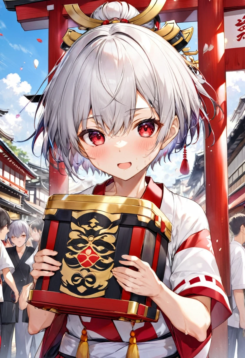 Hakata Gion Yamakasa Mikoshi (portable shrine), (Carrying the portable shrine) (a 16 yo, silver crew cut hair very short hair divine fighter boy, serious face, cool red eyes, sweaty), in a Festival Happi, Fundosi:1.3, break, in the Hakata Gion Yamakasa festival venue, BREAK, perfect anatomy, masterpiece, best quality, 16k, beautiful detailed grow, daydreaming expression.