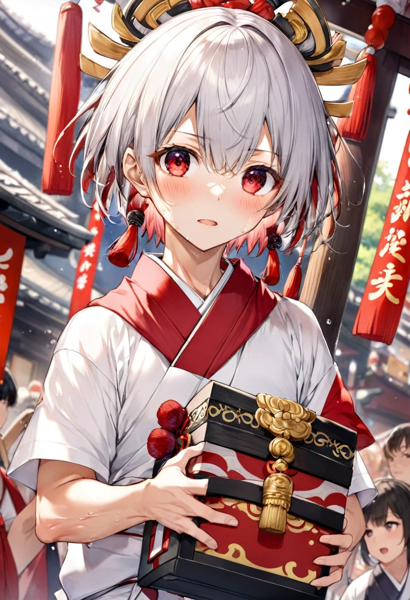 Hakata Gion Yamakasa Mikoshi (portable shrine), (Carrying the portable shrine) (a 16 yo, silver crew cut hair very short hair divine fighter boy, serious face, cool red eyes, sweaty), in a Festival Happi, Fundosi:1.3, break, in the Hakata Gion Yamakasa festival venue, BREAK, perfect anatomy, masterpiece, best quality, 16k, beautiful detailed grow, daydreaming expression.