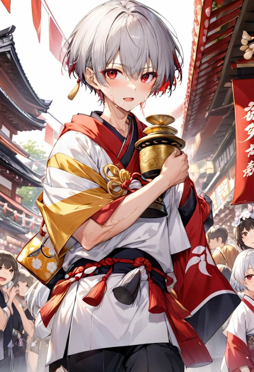Hakata Gion Yamakasa Mikoshi (portable shrine), (Carrying the portable shrine) (a 16 yo, silver crew cut hair very short hair divine fighter boy, serious face, cool red eyes, sweaty), in a Festival Happi, Fundosi:1.3, break, in the Hakata Gion Yamakasa festival venue, BREAK, perfect anatomy, masterpiece, best quality, 16k, beautiful detailed grow, daydreaming expression.