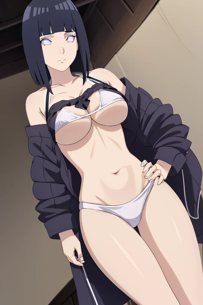 masterpiece, (intricate details), (colorful),cinematic lighting,extremely detailed CG unity 8k wallpaper ,hinata\(boruto\), 1girl,solo, large breasts, (hinata, hyuuga hinata, purple eyes, blunt bangs, black hair) big breasts, perfect breasts, large breasts, round breasts, sexy body, slim waist, nice hips, skinny, nice thighs, thick thighs, black bra, cleavage, bare shoulders, collarbone, underboob, slim waist, white bikini, bikini, swimsuit, small bikini, plain background, cowboy shot, body shot, front shot, full body, white backdrop, perfect eyes, glowing eyes, beautiful eyes, black background, simple background, no background , body shot, hands on hip