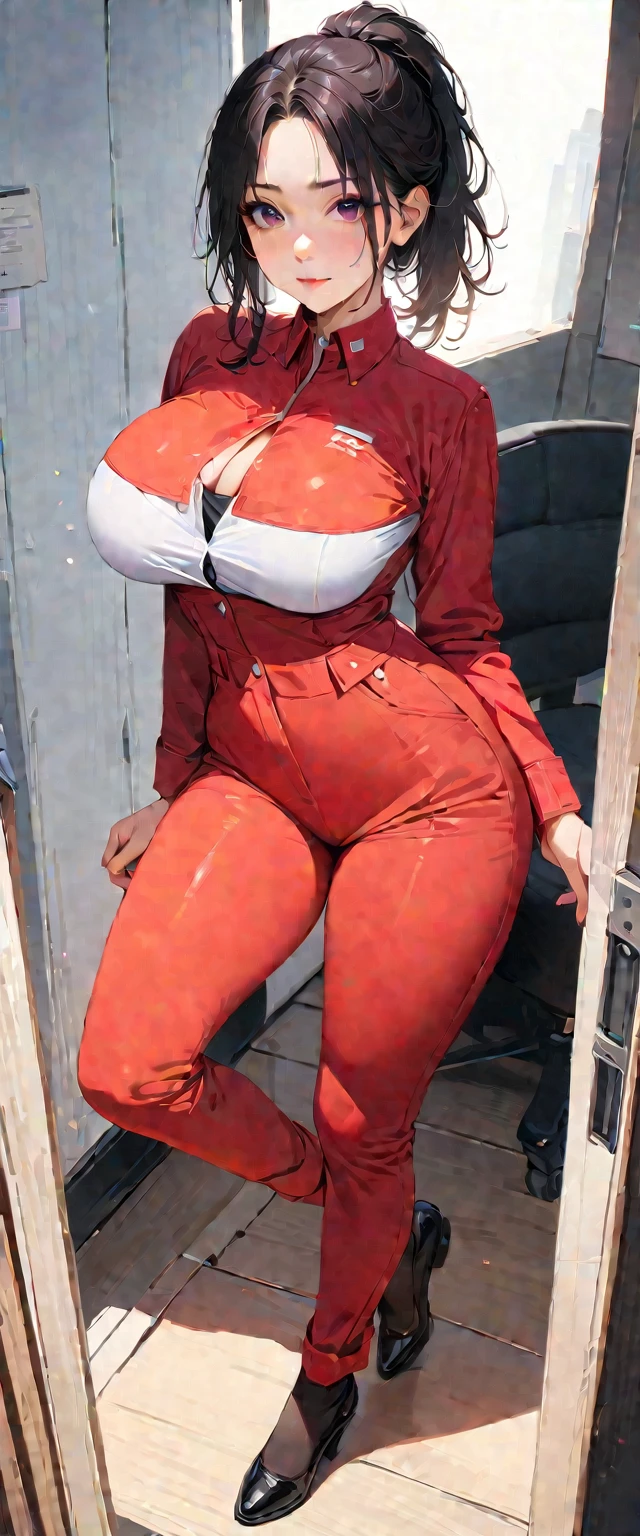20 years old,1 mature woman,hyperrealistic, 8k, (extremely detailed 8k), (very delicate and beautiful), (masterpiece), (better quality:1.0), (ultra high resolution:1.0), (masterpiece, best quality),cute,black hair,big breasts,ponytail,POV,,full body,white background,realistic skin,looking at viewer,office staff suit
