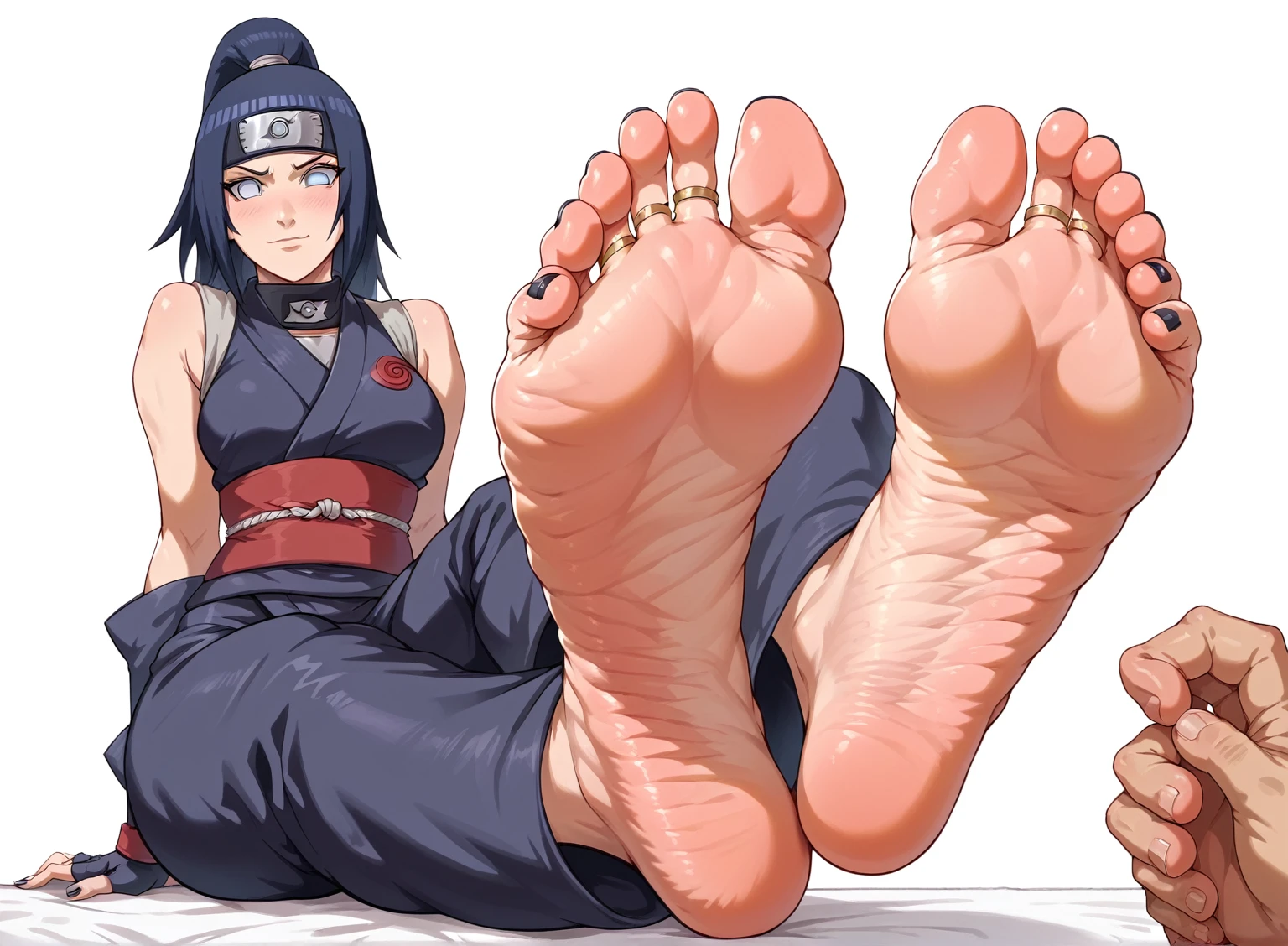 Hinata From Naruto, feet, soles, very wrinkled soles, disgusting dirty soles, black toenail, toes ring, soles focus. Very detailed soles, Masterpiece, UHD. Ninja Chamber background