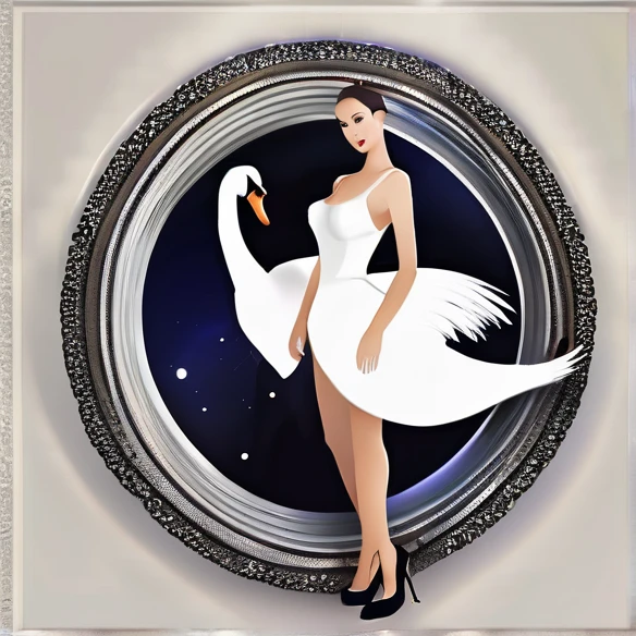 Imagine a woman in a sexy luxury dress, with the head of a white swan animal 