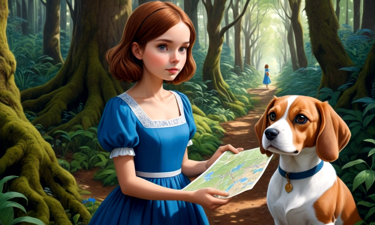 Draw a young woman with brown hair and a blue dress. In front of you a white rabbit on the secret path in the dense forest . In one hand he has a map. At his side is a brown and white beagle.