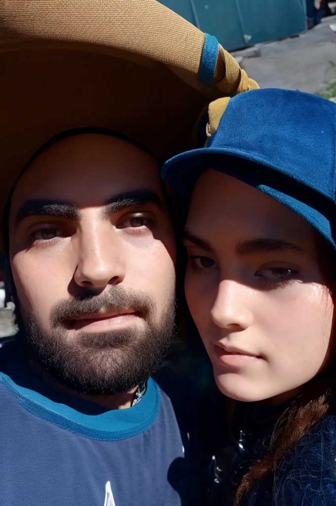 1 there is a man and a woman , the man has a hat, , close up to faces, high view, ultra realistic