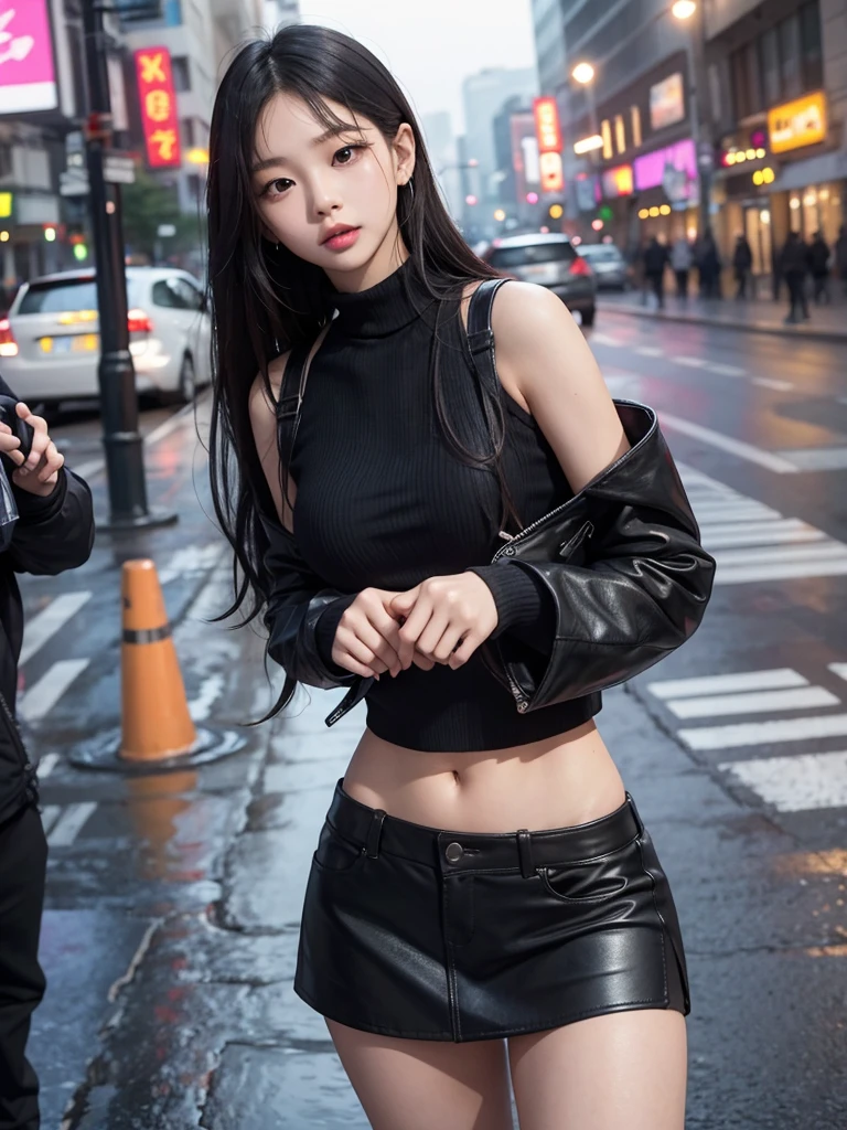 Jennie Kim, the iconic BLACKPINK rapper and singer, is in Seoul on a rainy day. Despite the downpour, she has a silly expression on her face, as she strikes sensual poses through the city streets. Your short black crop top and your mini skirt, combine creating an elegant and modern silhouette. Her beautiful black hair flowing in the wind, but this only serves to enhance your natural beauty. A faint smile plays on his full lips, as she observes the world around her with an air of mystery. City lights flicker and reflect in puddles of water, creating a vibrant and lively urban setting. Focus on Jennie&#39;s face. focus on the body.