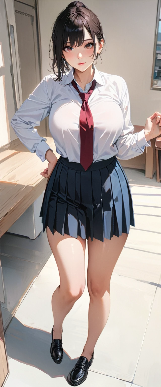 20 years old,1 mature woman,hyperrealistic, 8k, (extremely detailed 8k), (very delicate and beautiful), (masterpiece), (better quality:1.0), (ultra high resolution:1.0), (masterpiece, best quality),cute,black hair,big breasts,ponytail,POV,,full body,white background,realistic skin,looking at viewer,collared shirt, pleated skirt, , bow