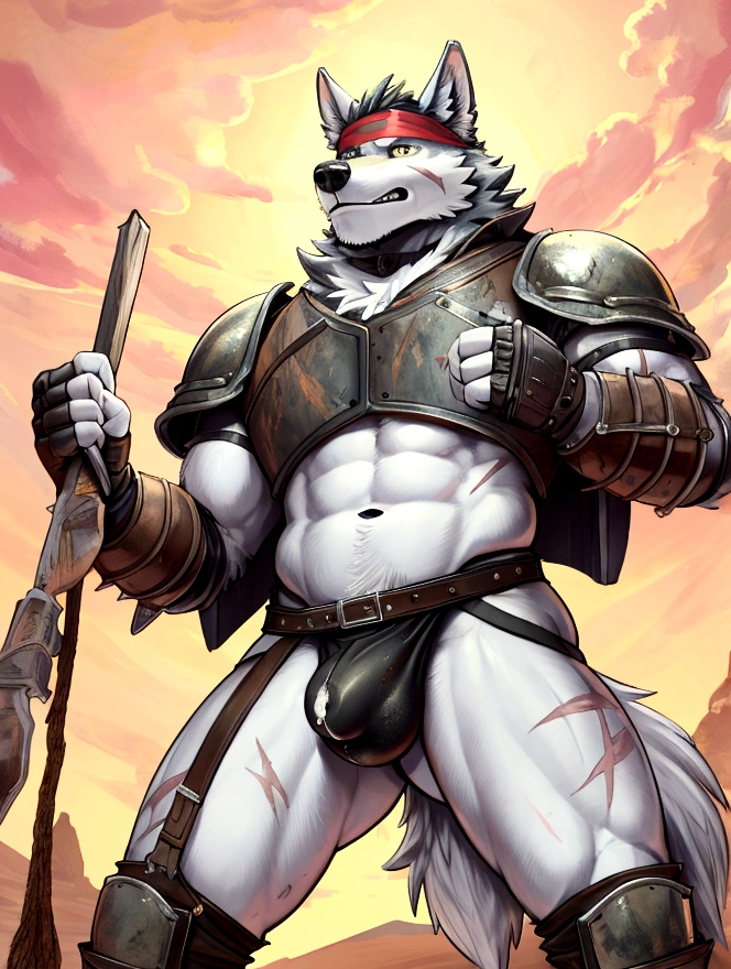Solo Sexy young anthro wolf male mercenary medieval solider, slim endomorph muscular, anthro handsome gay muzzle, handsome gay model male apperance, shagy shag headband, scars, worn out rusty skimpy armament, low on hips heavy leather heavy belt, old very worn out skimpy white linen material jockstrap, old yellow dirty worn out stains on white sawn jockstrap, precum cum cumshoot through jockstrap drop on me, very visible "x" brown seam pattern on the bulge jockstrap, studded skimpy armlets breastplate armor, skimpy breastplate, leather bondages, fingerless leather gloves, smelly unwashed husk, dirty body look, desert battlefield, standing in sexy victorious position above me, agressive dirty playfull grin, he is looking down into my eyes, first person view of view from ground under his close jockstrap, legs wide open apart, view of the crotch from underneath with a jockstrap