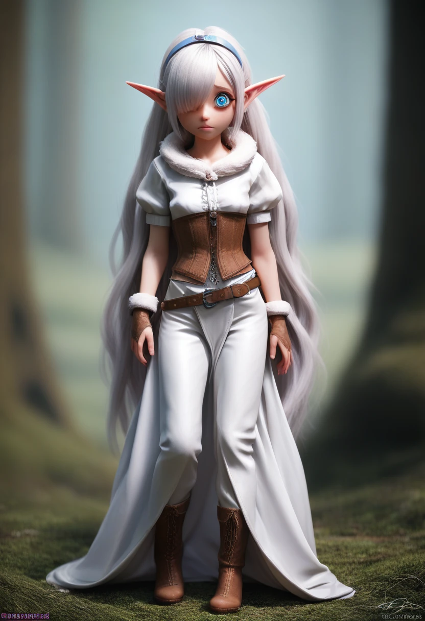 ((Best Quality)), (Masterpiece)), (Details: 1.4), Absurd Resolution, High Resolution, (Masterpiece: 1.4), Ultra Detailed, detailed gnome girl with pale skin, short stature, very long waist length silver hair that curls at the ends, covering one eye, with small breasts, pouty lips, and bright blue anime-style eyes with long lashes, wearing a corset, white puffy long sleeved shirt, and puffy cloth pants, leather bound boots, set in a windy fantasy landscape, (best quality,4k,8k,highres,masterpiece:1.2),ultra-detailed, dungeons and dragons, long elf ears, small girl, detailed skin and cloth textures, cute detailed face, intricate details, extremely detailed, 1girl, dynamic pose with hair covering one eye, shy personality, puffy cloth pants with leather belt, detailed privateer outfit, detailed buccaneer outfit, pouch on belt, wearing ornate leather armor with fur trim, silver inlay detail, wearing fur trimmed boots, wearing fur trimmed gloves, short, short height, halfing girl, small girl, very long detailed flowing hair, big head, big round eyes