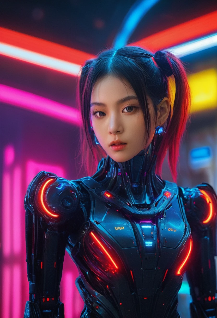 xxmixgirl. Highly detailed professional 35mm film, bokeh, face in sharp focus. A robotic female, Miku, with ((metal skin)), ((perfect Asian eyes)) with magenta irises and ((black pupils)), beautiful serious (detailed face), 18 year old ((photorealistic face)), very long magenta twin tails of magenta hair, twin black hair ties with a single red stripe. She may have a black audio headpiece. We can see her ((full body)) down to her boot soles. Her outfit is a sleeveless collared light grey shirt, outlined in red around the frilled collar and hems. Shiny reflective ((metallic breast cups, dimpleless)), invisible nipples. She wears black sleeves with red hems that start around her upper arm and bellow out as the sleeves open and extend to her wrists, with wide trumpet red rimmed cuffs. She has perfect robotic (detailed hands). She wears a red colored tie with two horizontal solid parallel black lines halfway across. She wears a fabric black skirt with a horizontal red hem at the bottom all the way around; her (((black skirt wraps around her))) and ((her skirt completely covers)) her robotic waist and thighs. Tall black boots with red bottom soles, a red rim around the top at her thighs. Her mechanical shoulder joints are visible. We can see her robotic legs and robotic neck. Half of her is covered with shiny polished machinery. The background is a distant dark neon futuristic Japanese city, gold, cyan, violet neon, near harbor or mountains.