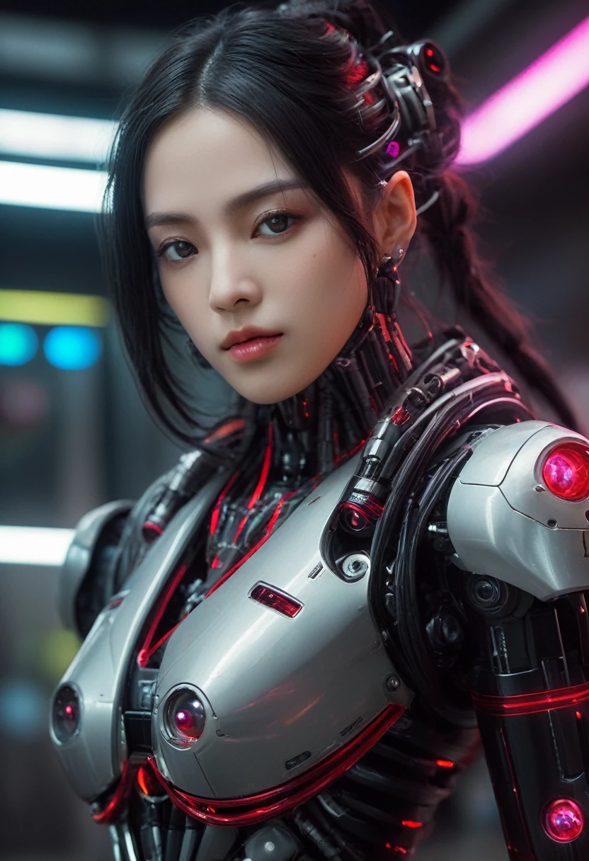 xxmixgirl. Highly detailed professional 35mm film, bokeh, face in sharp focus. A robotic female, Miku, with ((metal skin)), ((perfect Asian eyes)) with magenta irises and ((black pupils)), beautiful serious (detailed face), 18 year old ((photorealistic face)), very long magenta twin tails of magenta hair, twin black hair ties with a single red stripe. She may have a black audio headpiece. We can see her ((full body)) down to her boot soles. Her outfit is a sleeveless collared light grey shirt, outlined in red around the frilled collar and hems. Shiny reflective ((metallic breast cups, dimpleless)), invisible nipples. She wears black sleeves with red hems that start around her upper arm and bellow out as the sleeves open and extend to her wrists, with wide trumpet red rimmed cuffs. She has perfect robotic (detailed hands). She wears a red colored tie with two horizontal solid parallel black lines halfway across. She wears a fabric black skirt with a horizontal red hem at the bottom all the way around; her (((black skirt wraps around her))) and ((her skirt completely covers)) her robotic waist and thighs. Tall black boots with red bottom soles, a red rim around the top at her thighs. Her mechanical shoulder joints are visible. We can see her robotic legs and robotic neck. Half of her is covered with shiny polished machinery. The background is a distant dark neon futuristic Japanese city, gold, cyan, violet neon, near harbor or mountains.