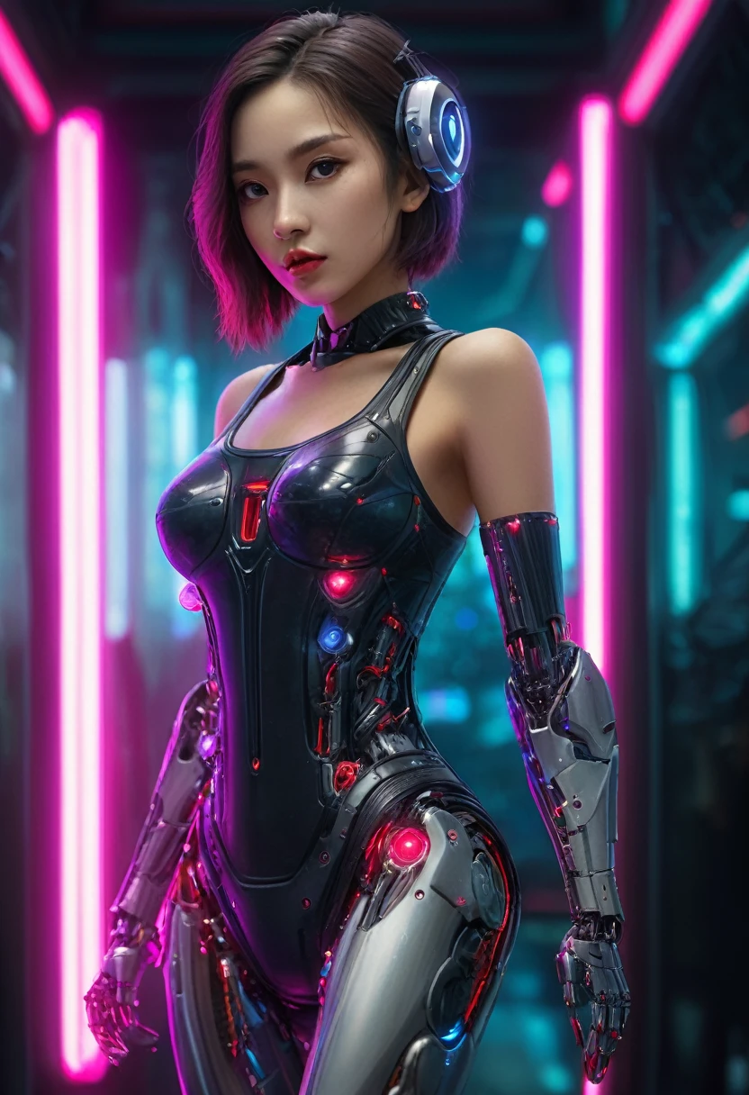 xxmixgirl. Highly detailed professional 35mm film, bokeh, face in sharp focus. A robotic female, Miku, with ((metal skin)), ((perfect Asian eyes)) with magenta irises and ((black pupils)), beautiful serious (detailed face), 18 year old ((photorealistic face)), very long magenta twin tails of magenta hair, twin black hair ties with a single red stripe. She may have a black audio headpiece. We can see her ((full body)) down to her boot soles. Her outfit is a sleeveless collared light grey shirt, outlined in red around the frilled collar and hems. Shiny reflective ((metallic breast cups, dimpleless)), invisible nipples. She wears black sleeves with red hems that start around her upper arm and bellow out as the sleeves open and extend to her wrists, with wide trumpet red rimmed cuffs. She has perfect robotic (detailed hands). She wears a red colored tie with two horizontal solid parallel black lines halfway across. She wears a fabric black skirt with a horizontal red hem at the bottom all the way around; her (((black skirt wraps around her))) and ((her skirt completely covers)) her robotic waist and thighs. Tall black boots with red bottom soles, a red rim around the top at her thighs. Her mechanical shoulder joints are visible. We can see her robotic legs and robotic neck. Half of her is covered with shiny polished machinery. The background is a distant dark neon futuristic Japanese city, gold, cyan, violet neon, near harbor or mountains.