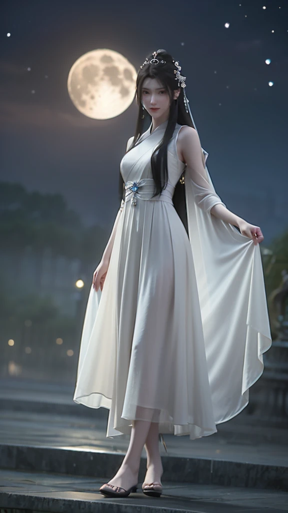 A bright moon hangs high in the night sky，The bright moonlight fills the earth。In this picturesque moonlight，An ancient girl sitting on the moon，Show off your beauty。

This girl is wearing a simple and elegant Hanfu，Long flowing skirt，It looks fairy。She has a pair of enviable long legs，Smooth leg lines，Skin as white as snow。Her feet are flawless，Like a piece of fine jade，It matches her ancient style dress。

The girl is swinging gently on the moon，The skirt dances in the wind，Like a fairy beside the moon。Her long hair flutters，With the moonlight，Add a bit of fairy spirit。The girl&#39;s eyes are as clear as a mirror，Reflecting the light of the moon，Seems to be able to see through everything in the world。

This scene is like a beautiful painting.，The ancient girl and the moon complement each other，It forms a beautiful landscape。Poetic and picturesque，It's intoxicating。