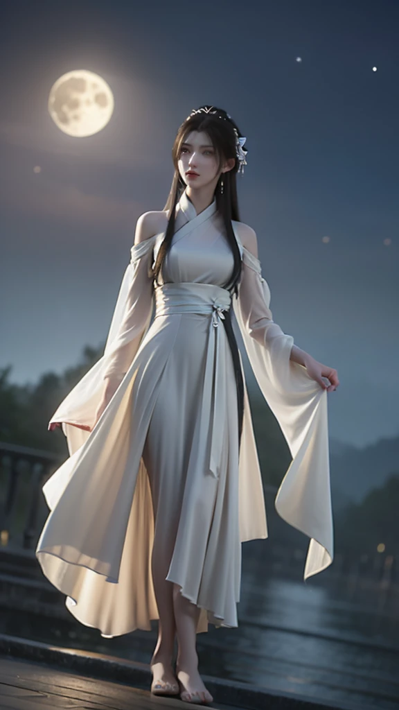 A bright moon hangs high in the night sky，The bright moonlight fills the earth。In this picturesque moonlight，An ancient girl sitting on the moon，Show off your beauty。

This girl is wearing a simple and elegant Hanfu，Long flowing skirt，It looks fairy。She has a pair of enviable long legs，Smooth leg lines，Skin as white as snow。Her feet are flawless，Like a piece of fine jade，It matches her ancient style dress。

The girl is swinging gently on the moon，The skirt dances in the wind，Like a fairy beside the moon。Her long hair flutters，With the moonlight，Add a bit of fairy spirit。The girl&#39;s eyes are as clear as a mirror，Reflecting the light of the moon，Seems to be able to see through everything in the world。

This scene is like a beautiful painting.，The ancient girl and the moon complement each other，It forms a beautiful landscape。Poetic and picturesque，It's intoxicating。