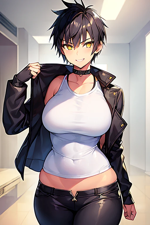 1girl, spiked hair, very short hair, yellow eyes, tan, tan skin, tan-skinned female, black hair, tomboy, pixie cut, large breasts, hourglass figure, thick thighs, smile, smirk, smug, toned, white shirt, jacket, sneakers, black jacket, shirt, short pants, shorts, fingerless gloves,