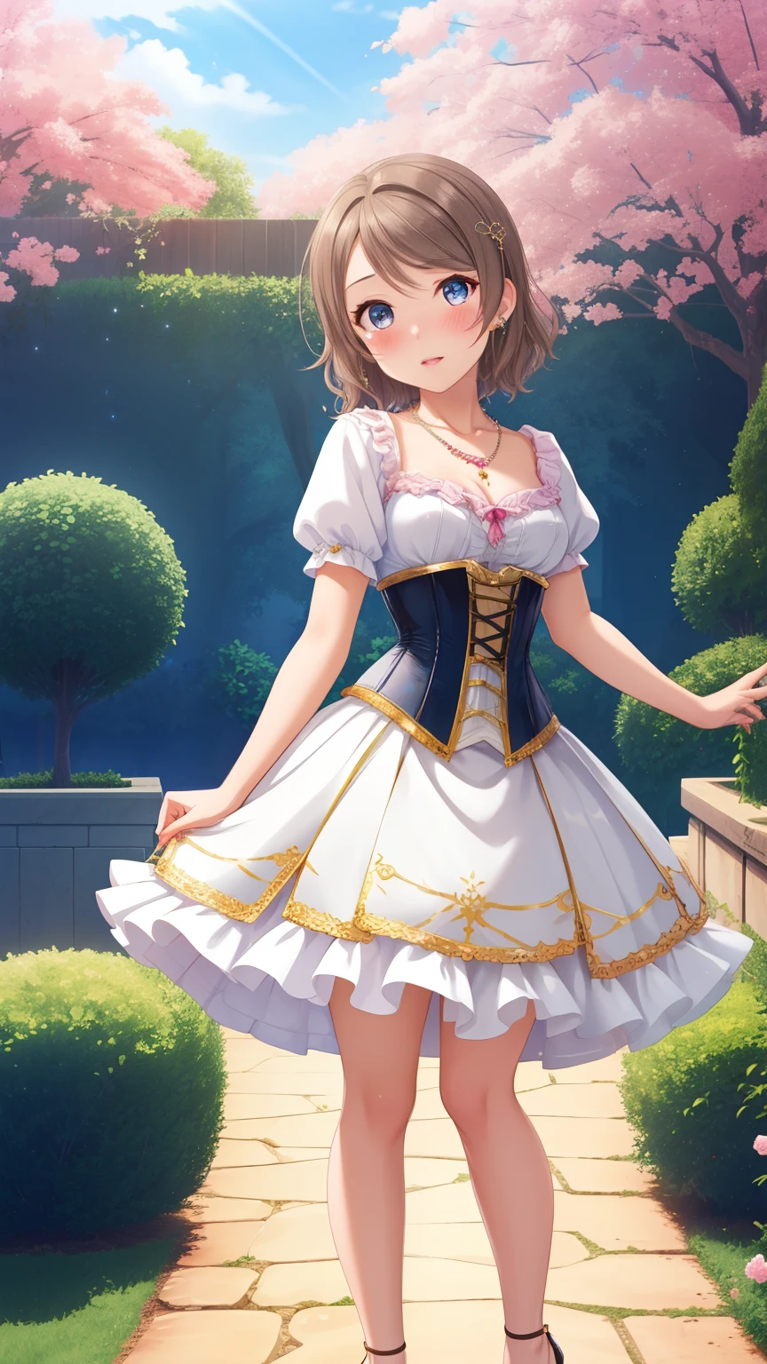 (Masterpiece), 8k wallpaper, solo, Watanabe you, game cg, beautiful detailed face and eyes, perfect anatomy, standing, garden, blush, glossy lips, corset dress, necklace, jewelry, high heels