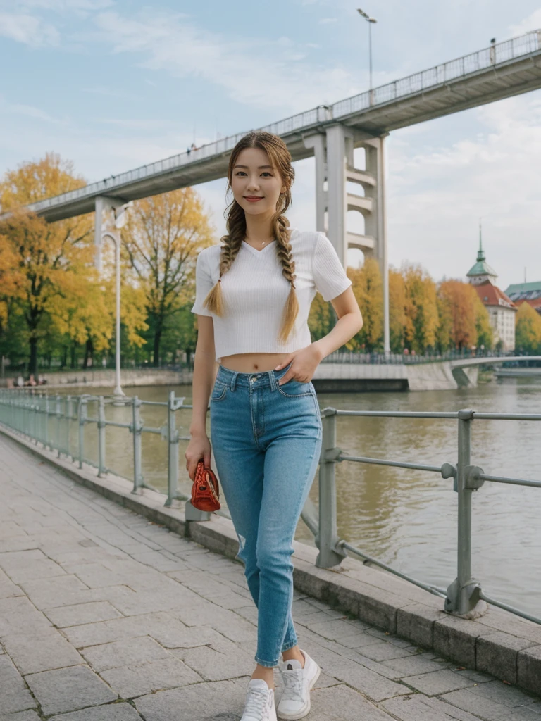 her name is Asako, high quality, 1girl, ((20-year-old fit Caucasian woman)), ((20 years old)), ((slim)), ((Fishtail Braid hair)), pose: standing, wearing unique Generation-Z modern wear bright colored, BACKGROUND:In the Letná Park, with panoramic views of the Vltava River and the historic city center.