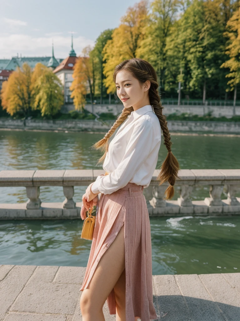 her name is Asako, high quality, 1girl, ((20-year-old fit Caucasian woman)), ((20 years old)), ((slim)), ((Fishtail Braid hair)), pose: standing, wearing unique Generation-Z modern wear bright colored, BACKGROUND:In the Letná Park, with panoramic views of the Vltava River and the historic city center.