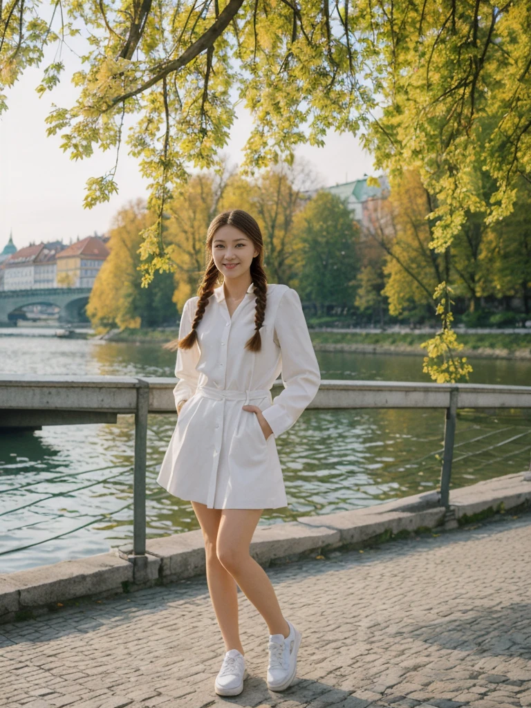 her name is Asako, high quality, 1girl, ((20-year-old fit Caucasian woman)), ((20 years old)), ((slim)), ((Fishtail Braid hair)), pose: standing, wearing unique Generation-Z modern wear bright colored, BACKGROUND:In the Letná Park, with panoramic views of the Vltava River and the historic city center.