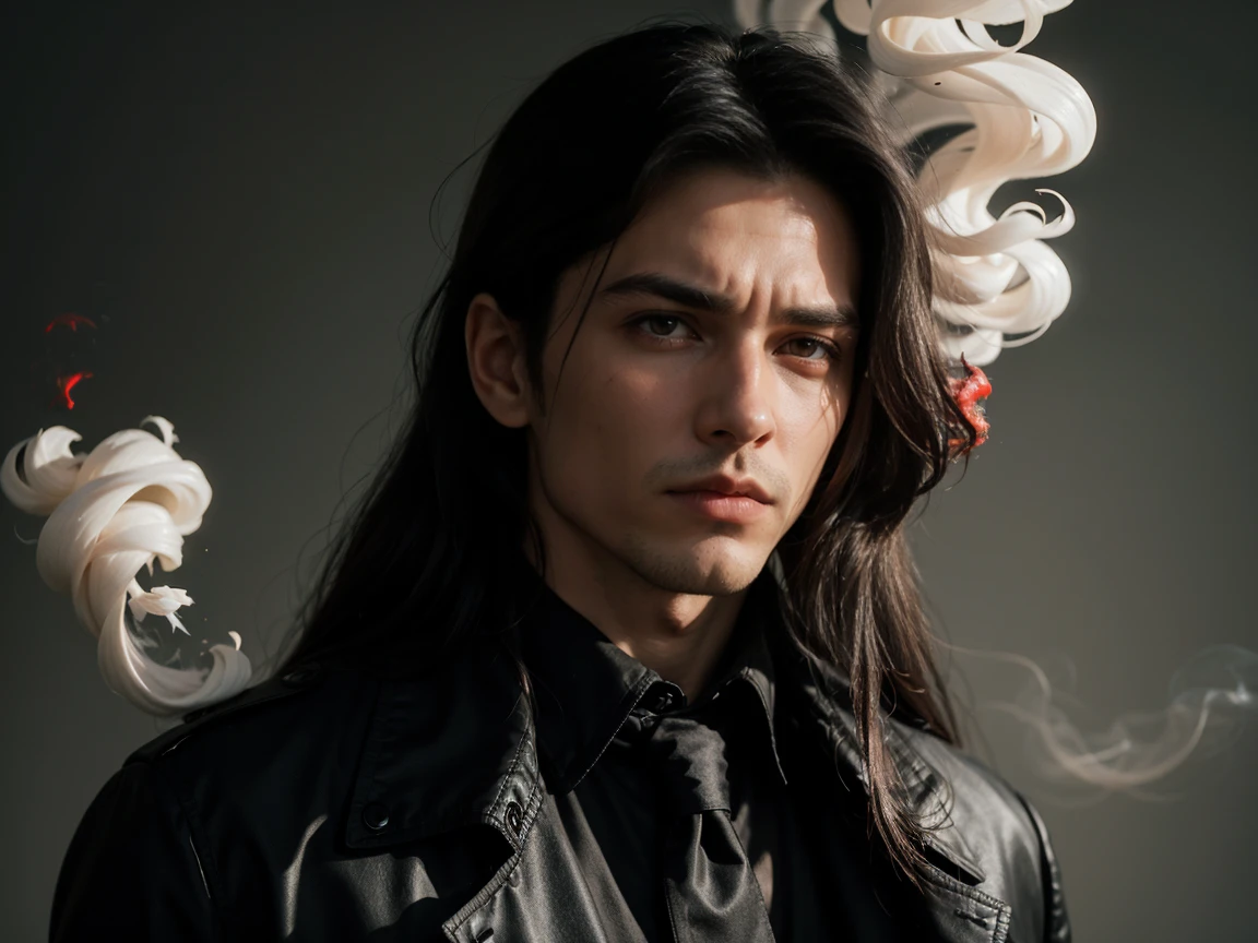 (((Long hair))), Vampire, One handsome young man of 30 years old ((thin body)), ((long black straight hair)), ((red eyes)), ((black trench fabric coat)), He wears a dark suit, consisting of black pants, a black cloak, a black shirt, and a black coat, which adds to his mysterious allure, (black shirt), an evil serious concentrated expression on his face, thin eyebrows, long eyelashes, serious thin face, a straight nose, (red smoke everywhere)