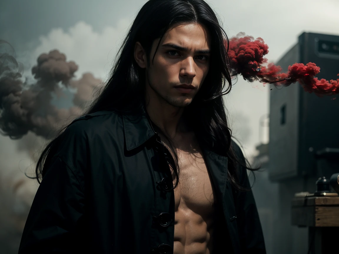 (((Long hair))), Vampire, One handsome young man of 30 years old ((thin body)), ((long black straight hair)), ((red eyes)), ((black trench fabric coat)), He wears a dark suit, consisting of black pants, a black cloak, a black shirt, and a black coat, which adds to his mysterious allure, (black shirt), an evil serious concentrated expression on his face, thin eyebrows, long eyelashes, serious thin face, a straight nose, (red smoke everywhere)