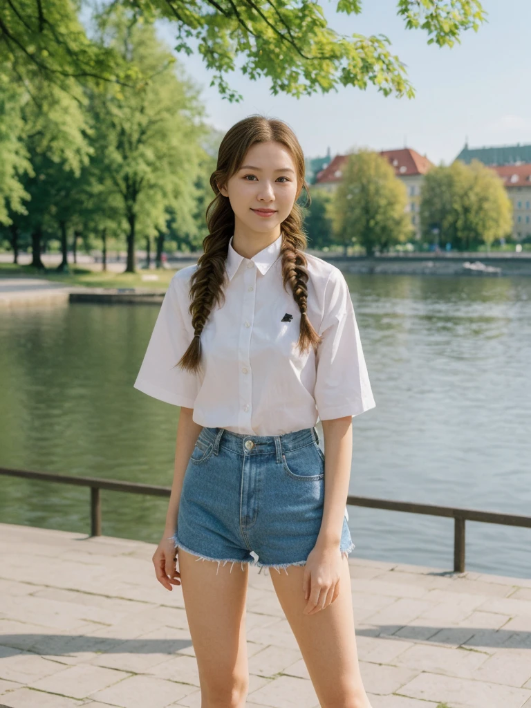 her name is Asako, high quality, 1girl, ((20-year-old fit Caucasian woman)), ((20 years old)), ((slim)), ((Fishtail Braid hair)), pose: standing, wearing unique Generation-Z modern wear bright colored, BACKGROUND:In the Letná Park, with panoramic views of the Vltava River and the historic city center.