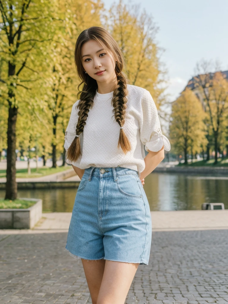 her name is Asako, high quality, 1girl, ((20-year-old fit Caucasian woman)), ((20 years old)), ((slim)), ((Fishtail Braid hair)), pose: standing, wearing unique Generation-Z modern wear bright colored, BACKGROUND:In the Letná Park, with panoramic views of the Vltava River and the historic city center.