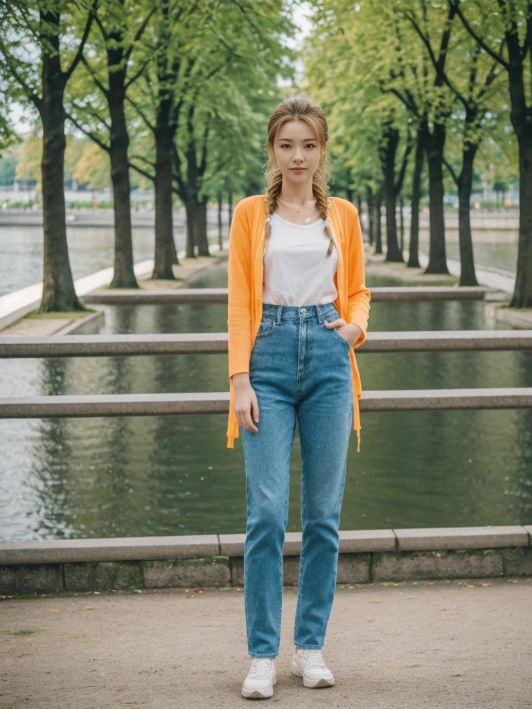 her name is Asako, high quality, 1girl, ((20-year-old fit Caucasian woman)), ((20 years old)), ((slim)), ((Fishtail Braid hair)), pose: standing, wearing unique Generation-Z modern wear bright colored, BACKGROUND:In the Letná Park, with panoramic views of the Vltava River and the historic city center.