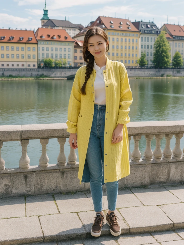 her name is Asako, high quality, 1girl, ((20-year-old fit Caucasian woman)), ((20 years old)), ((slim)), ((Fishtail Braid hair)), pose: standing, wearing unique Generation-Z modern wear bright colored, BACKGROUND:In the Letná Park, with panoramic views of the Vltava River and the historic city center.