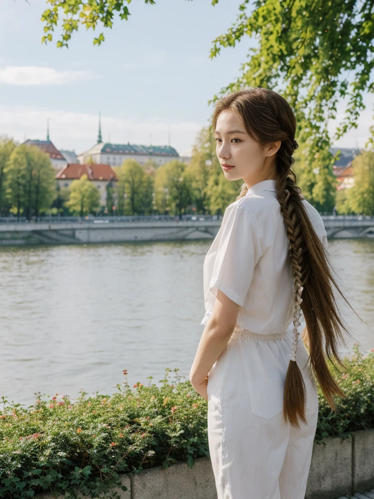 her name is Asako, high quality, 1girl, ((20-year-old fit Caucasian woman)), ((20 years old)), ((slim)), ((Fishtail Braid hair)), pose: standing, wearing unique Generation-Z modern wear bright colored, BACKGROUND:In the Letná Park, with panoramic views of the Vltava River and the historic city center.