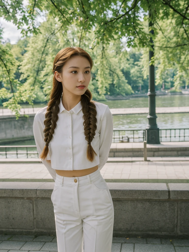 her name is Asako, high quality, 1girl, ((20-year-old fit Caucasian woman)), ((20 years old)), ((slim)), ((Fishtail Braid hair)), pose: standing, wearing unique Generation-Z modern wear bright colored, BACKGROUND:In the Letná Park, with panoramic views of the Vltava River and the historic city center.