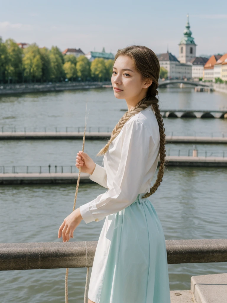 her name is Asako, high quality, 1girl, ((20-year-old fit Caucasian woman)), ((20 years old)), ((slim)), ((Fishtail Braid hair)), pose: standing, wearing unique Generation-Z modern wear bright colored, BACKGROUND:In the Letná Park, with panoramic views of the Vltava River and the historic city center.
