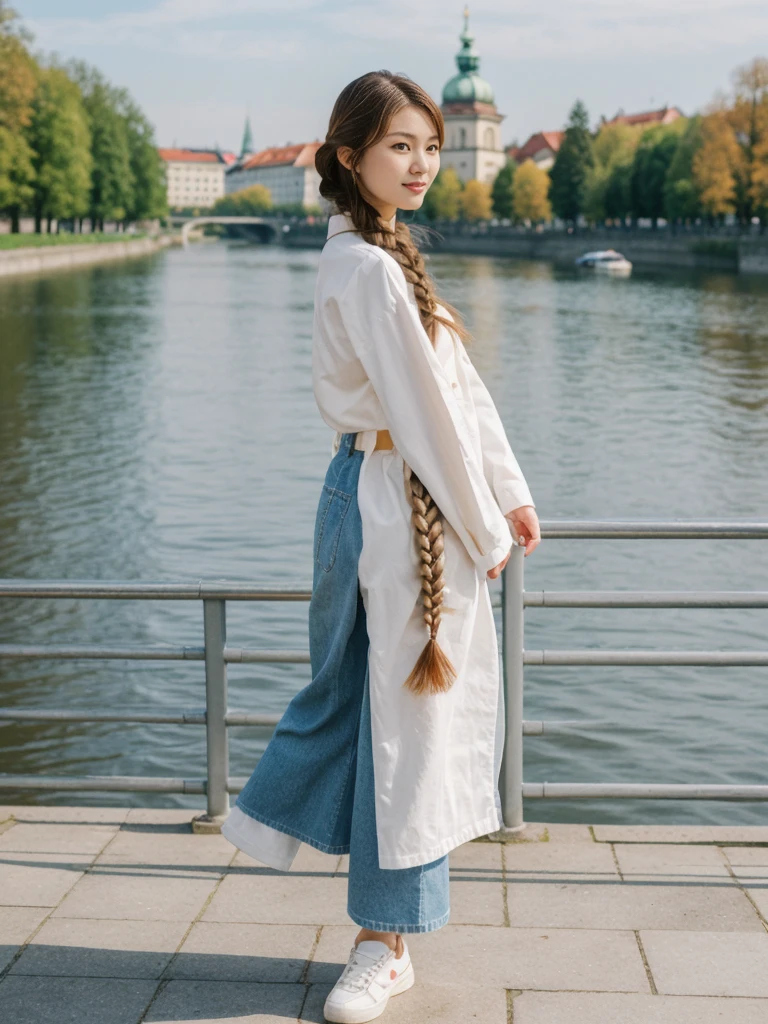 her name is Asako, high quality, 1girl, ((20-year-old fit Caucasian woman)), ((20 years old)), ((slim)), ((Fishtail Braid hair)), pose: standing, wearing unique Generation-Z modern wear bright colored, BACKGROUND:In the Letná Park, with panoramic views of the Vltava River and the historic city center.