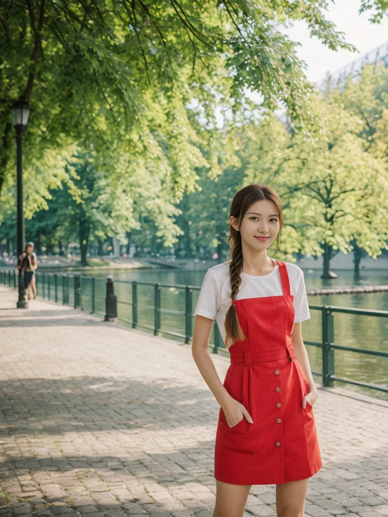 her name is Asako, high quality, 1girl, ((20-year-old fit Caucasian woman)), ((20 years old)), ((slim)), ((Fishtail Braid hair)), pose: standing, wearing unique Generation-Z modern wear bright colored, BACKGROUND:In the Letná Park, with panoramic views of the Vltava River and the historic city center.