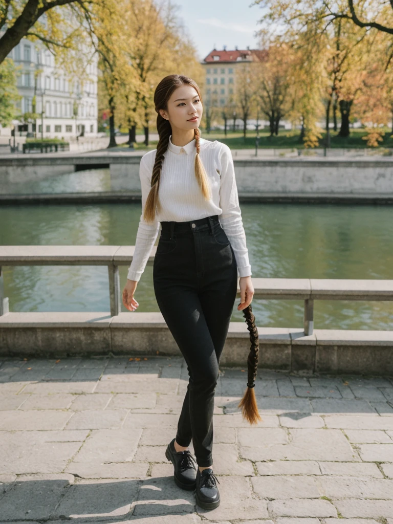 her name is Asako, high quality, 1girl, ((20-year-old fit Caucasian woman)), ((20 years old)), ((slim)), ((Fishtail Braid hair)), pose: standing, wearing unique Generation-Z modern wear bright colored, BACKGROUND:In the Letná Park, with panoramic views of the Vltava River and the historic city center.