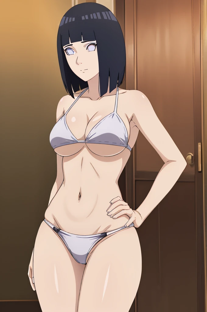 masterpiece, (intricate details), (colorful),cinematic lighting,extremely detailed CG unity 8k wallpaper ,hinata\(boruto\), 1girl,solo, large breasts, (hinata, hyuuga hinata, purple eyes, blunt bangs, black hair) big breasts, perfect breasts, large breasts, round breasts, sexy body, slim waist, nice hips, skinny, nice thighs, thick thighs, black bra, cleavage, bare shoulders, collarbone, underboob, slim waist, white bikini, bikini, swimsuit, small bikini, plain background, cowboy shot, body shot, front shot, full body, white backdrop, perfect eyes, glowing eyes, beautiful eyes, black background, simple background, no background , body shot, hands on hip