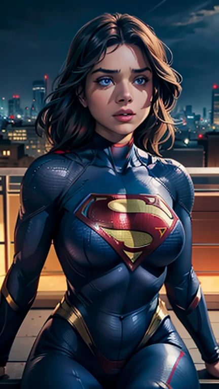 supergirl, sitting on a rooftop building, lost in deep thought, looking at the city, perfect eye, beautiful highly detailed eyes, beautiful light blue eyes, both eyes are similar, beautiful detailed lips, extremely detailed face, detailed Supergirl tight suit, tight figure, big round breasts, D cup Breasts, tight bust, dynamic pose, cinematic lighting, epic cityscape, moody atmosphere, dramatic shadows, vibrant colors, photorealistic, 8k, best quality, hyper detailed, masterpiece