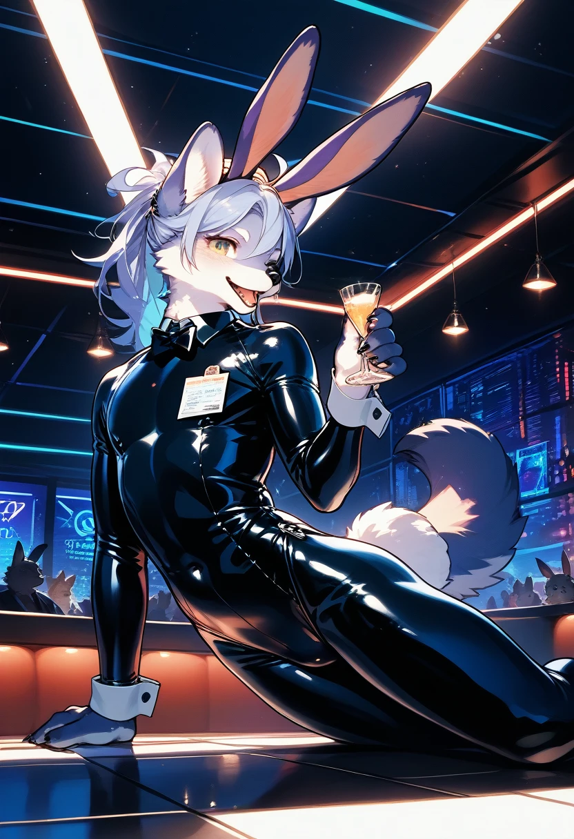 Highest quality, Highest quality, High quality illustrations, masterpiece, Ultra-high resolution, Detailed Background, club, Disco, Absurd, Perfect Anatomy, Performance, Good lighting, Shadows in the movie(kemono, Furry Personification), Rubber suit, Rubber Suit, latex, Earrings, Bunny Suit, male