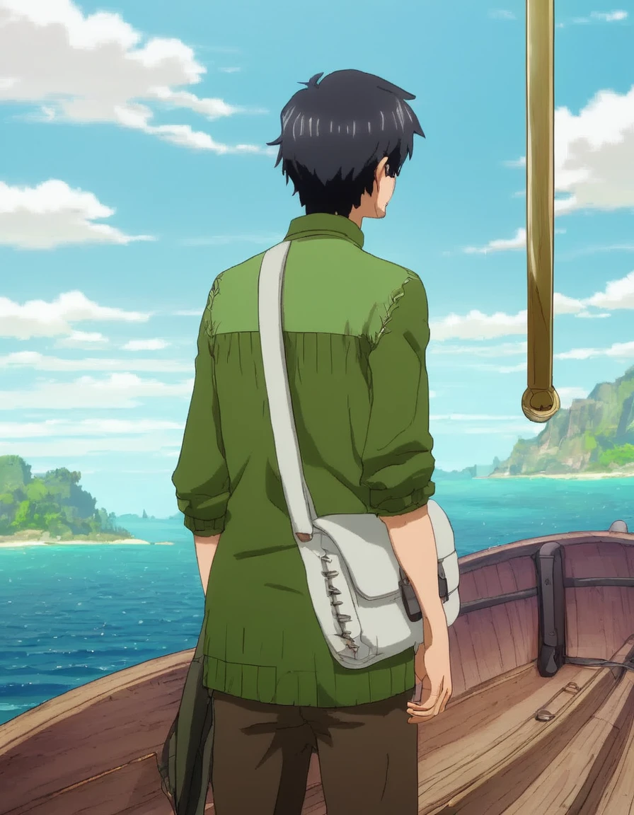 anime+hentai+yaoi style, deep color palette, symmetrical composition, ultra-detailed artistic style, oil painting, full body, perfect composition, perfect anatomy, wearing small shorts, dramatic, natural lighting, a beautiful young man, handsome, tall, perfect feet, Latino, muscles Detailed realistic, , he is standing serere gaze, on the bow of a 17th century ship looking at the horizon holding a sword, in the background in the sea several tropical islands and a multicolored backpack on the ground