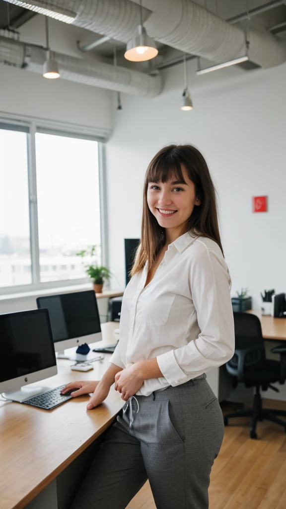 RAW Photo, DSLR BREAK a young woman with bangs, (light smile:0.8), (smile:0.5), wearing relaxed shirt and trousers, causal clothes, (looking at viewer), focused, (modern and cozy office space), design agency office, spacious and open office, Scandinavian design space BREAK detailed, natural light