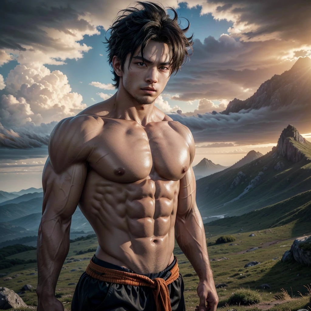beautiful detailed portrait of Son Goku, in instinct superior highly detailed and realistic, epic landscape background, dramatic lighting, cinematic composition, vibrant colors, unreal engine, 8k, masterpiece, photorealistic, realistic hair and skin, muscular body, intense gaze, heroic pose, dramatic sky, cloud formations, mountains in the distance, lush vegetation, detailed texturesu
