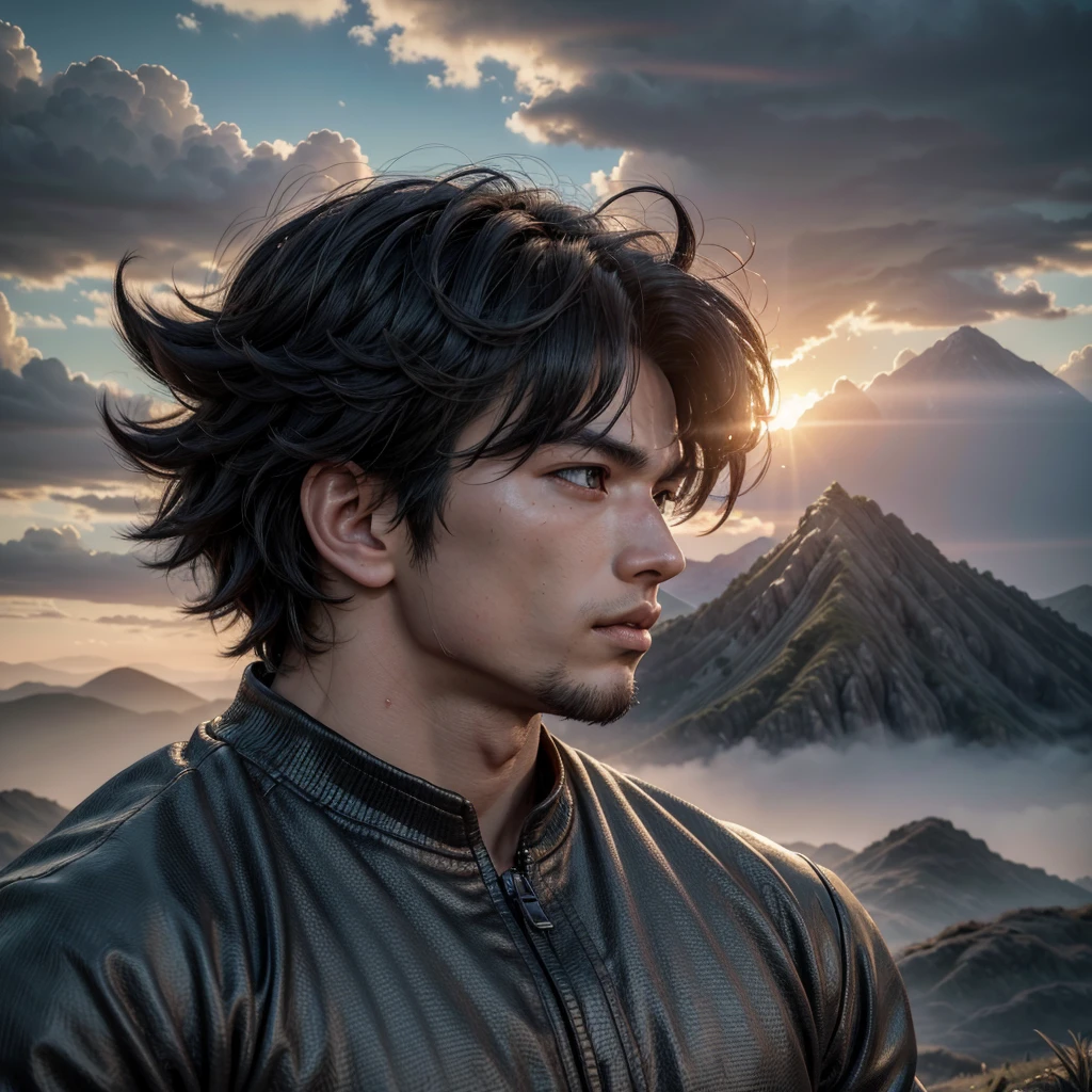 beautiful detailed portrait of Son Goku, in instinct superior highly detailed and realistic, epic landscape background, dramatic lighting, cinematic composition, vibrant colors, unreal engine, 8k, masterpiece, photorealistic, realistic hair and skin, muscular body, intense gaze, heroic pose, dramatic sky, cloud formations, mountains in the distance, lush vegetation, detailed texturesu