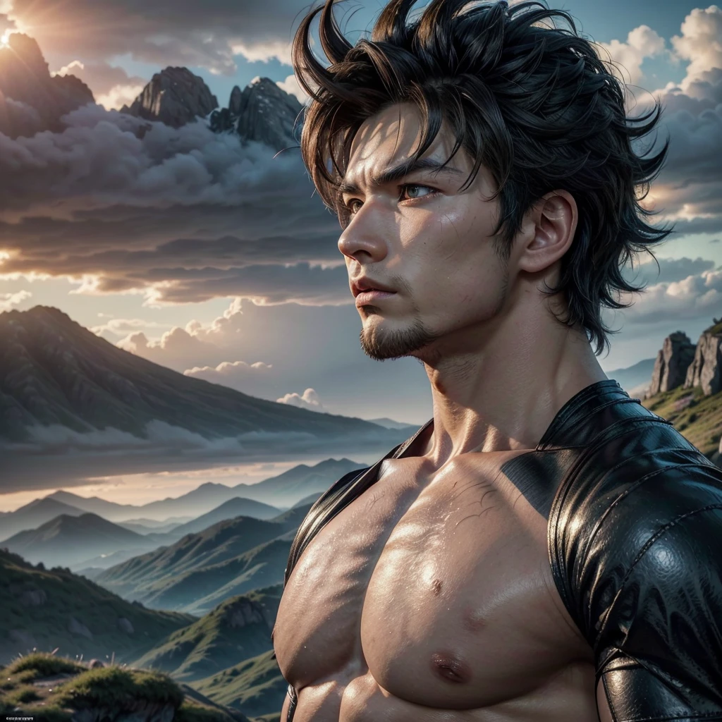 beautiful detailed portrait of Son Goku, in instinct superior highly detailed and realistic, epic landscape background, dramatic lighting, cinematic composition, vibrant colors, unreal engine, 8k, masterpiece, photorealistic, realistic hair and skin, muscular body, intense gaze, heroic pose, dramatic sky, cloud formations, mountains in the distance, lush vegetation, detailed texturesu