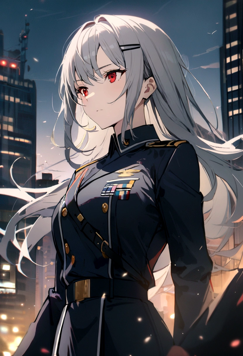1girl, dark blue military uniform, grey yellowish hair, long hair, red Eyes, hairclip, city background,