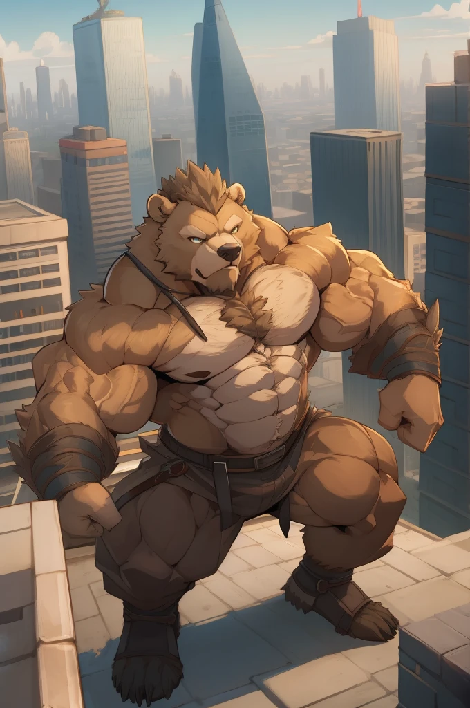 (Muscular old Grizzly Bear :1.tanding on a rooftop overlooking the city skyline, with a hint of mystery and power, showcasing his sheer strength and ruggedness.