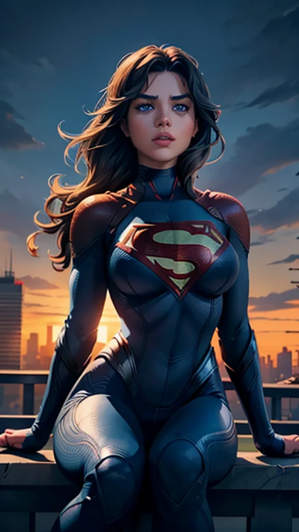 supergirl, sitting on a rooftop building, lost in deep thought, looking at the city, perfect eye, beautiful highly detailed eyes, beautiful light blue eyes, both eyes are similar, beautiful detailed lips, extremely detailed face, detailed Supergirl tight suit, tight figure, big round breasts, D cup Breasts, tight bust, dynamic pose, cinematic lighting, epic cityscape, moody atmosphere, dramatic shadows, vibrant colors, photorealistic, 8k, best quality, hyper detailed, masterpiece